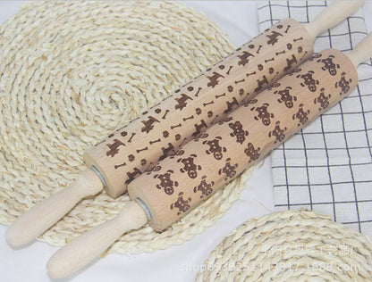 Wooden Valentine'S Day Rose Print Rolling Pin Kitchen Wooden Fondant Cake Decoration Dough Roller Baking Tools Accessories