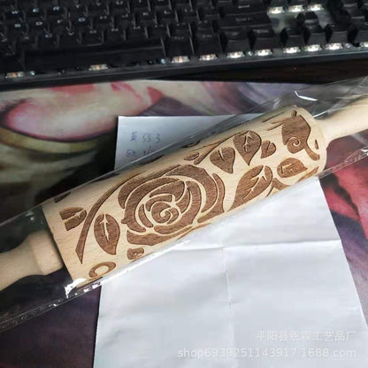 Wooden Valentine'S Day Rose Print Rolling Pin Kitchen Wooden Fondant Cake Decoration Dough Roller Baking Tools Accessories