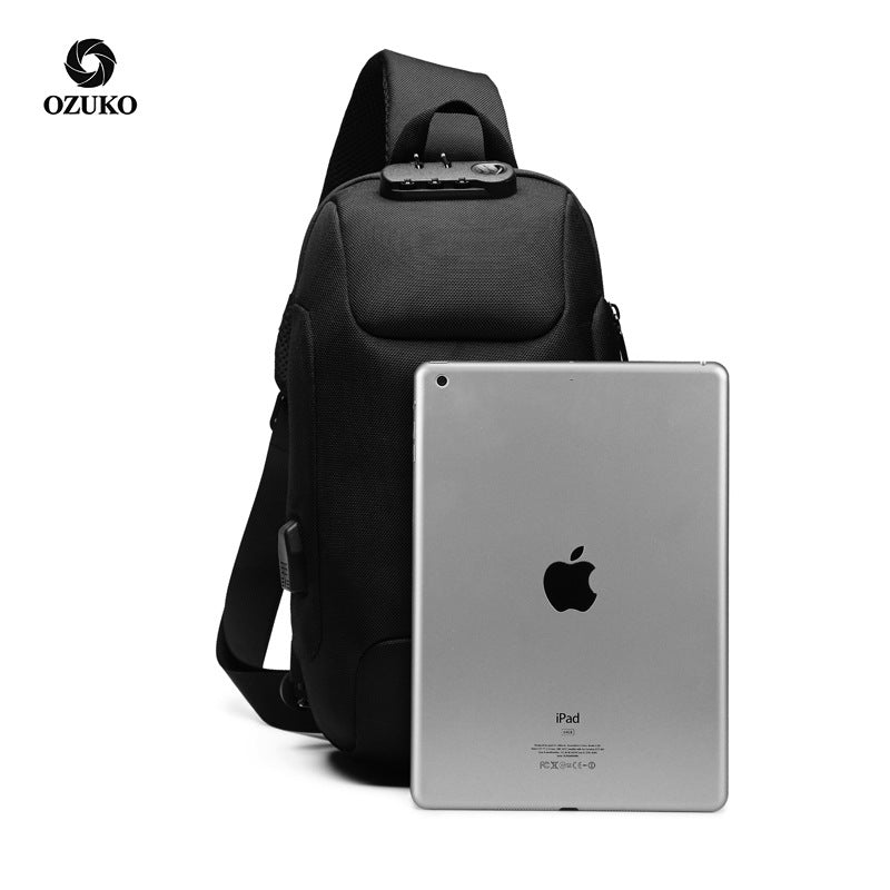 ozuko new chest bag usb anti-theft men's chest bag Korean casual men's shoulder bag waterproof Oxford cloth chest bag