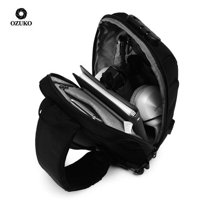 ozuko new chest bag usb anti-theft men's chest bag Korean casual men's shoulder bag waterproof Oxford cloth chest bag