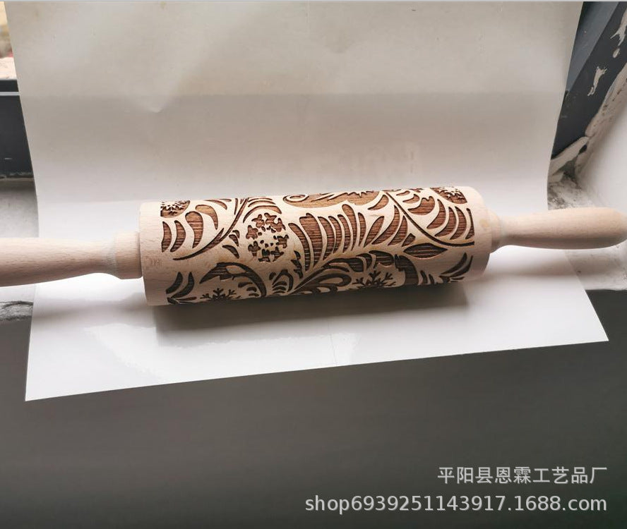 Wooden Valentine'S Day Rose Print Rolling Pin Kitchen Wooden Fondant Cake Decoration Dough Roller Baking Tools Accessories