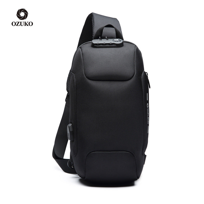 ozuko new chest bag usb anti-theft men's chest bag Korean casual men's shoulder bag waterproof Oxford cloth chest bag