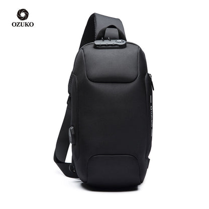 ozuko new chest bag usb anti-theft men's chest bag Korean casual men's shoulder bag waterproof Oxford cloth chest bag