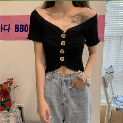 2020 new Korean version of the new big V-neck lace short-sleeved T-shirt one-neck slim fit all-match casual top women