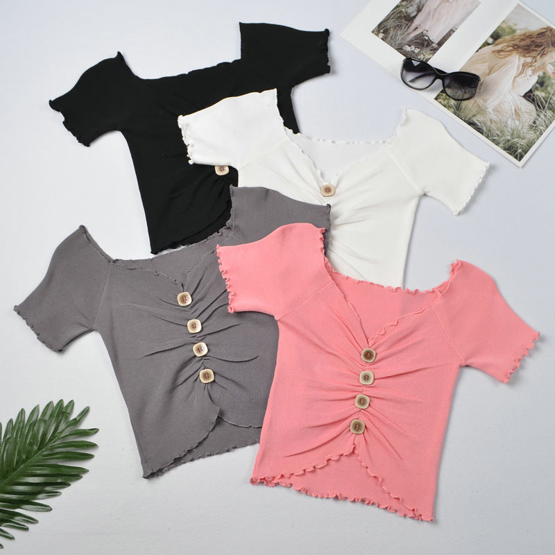 2020 new Korean version of the new big V-neck lace short-sleeved T-shirt one-neck slim fit all-match casual top women