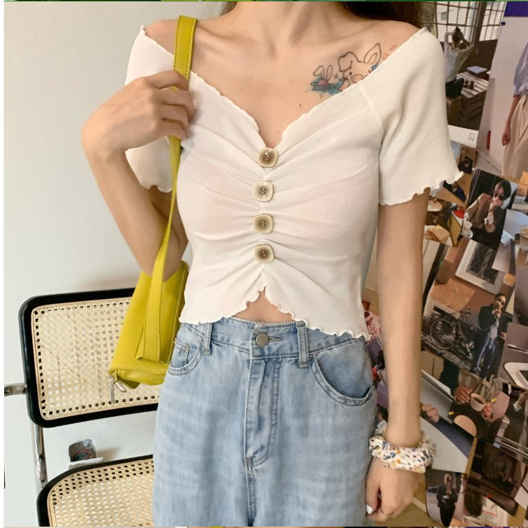 2020 new Korean version of the new big V-neck lace short-sleeved T-shirt one-neck slim fit all-match casual top women