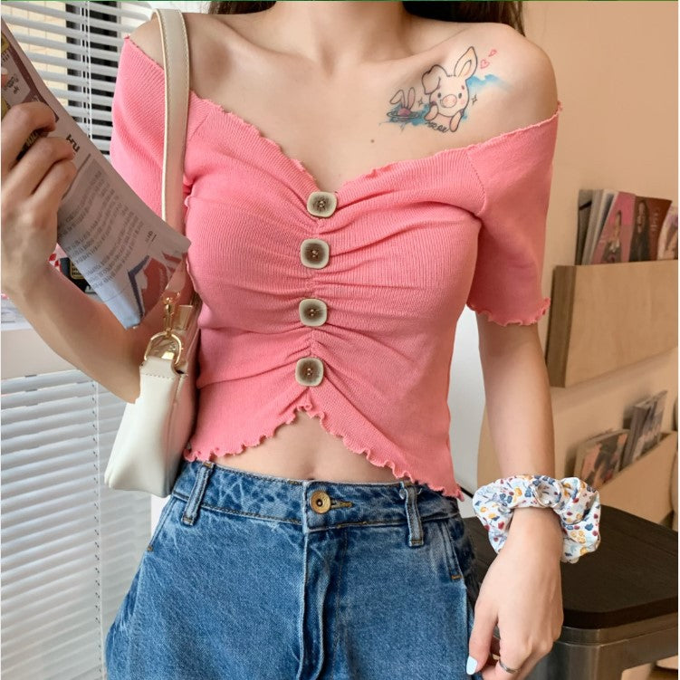 2020 new Korean version of the new big V-neck lace short-sleeved T-shirt one-neck slim fit all-match casual top women