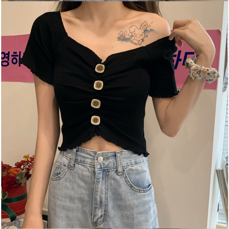 2020 new Korean version of the new big V-neck lace short-sleeved T-shirt one-neck slim fit all-match casual top women