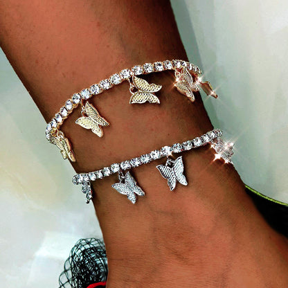 More European and American creative rhinestone butterfly pendant anklet bracelet women popular butterfly elements new shiny footwear