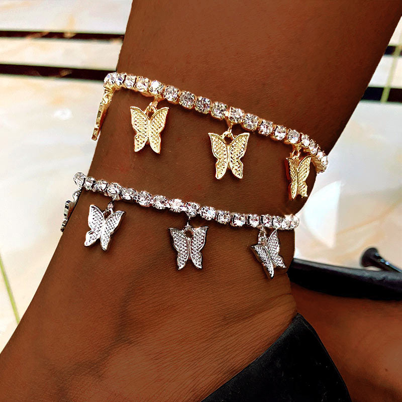 More European and American creative rhinestone butterfly pendant anklet bracelet women popular butterfly elements new shiny footwear