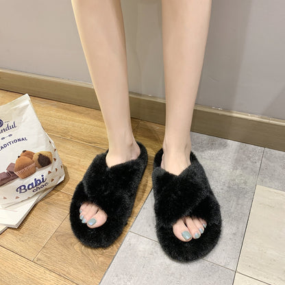 Candy color thickened plush slippers women's autumn and winter outer wear 2020 net red new flat bottom one word thick bottom cotton slippers women