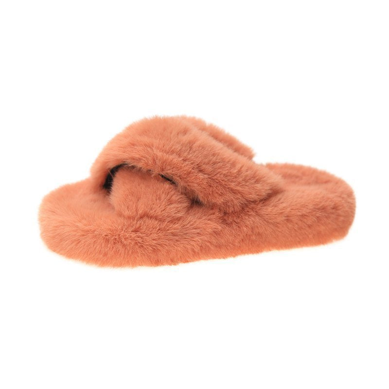 Candy color thickened plush slippers women's autumn and winter outer wear 2020 net red new flat bottom one word thick bottom cotton slippers women