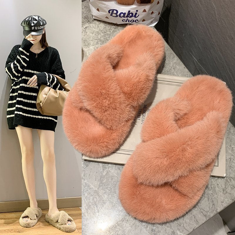 Candy color thickened plush slippers women's autumn and winter outer wear 2020 net red new flat bottom one word thick bottom cotton slippers women