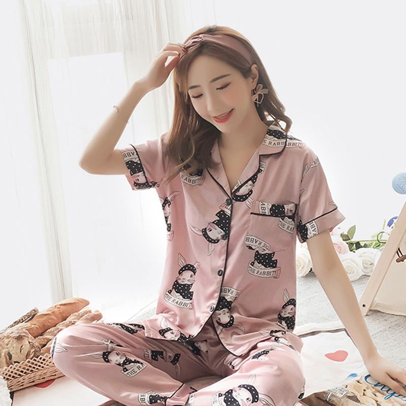 Thailand Japan Dubai cross-border e-commerce imitation silk pajamas plus size plus size silk satin short-sleeved trousers home wear for women