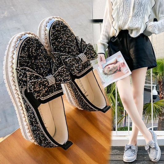 Single shoes women 2021 spring new rhinestone bow peas shoes Korean version slip-on loafers ins women's shoes