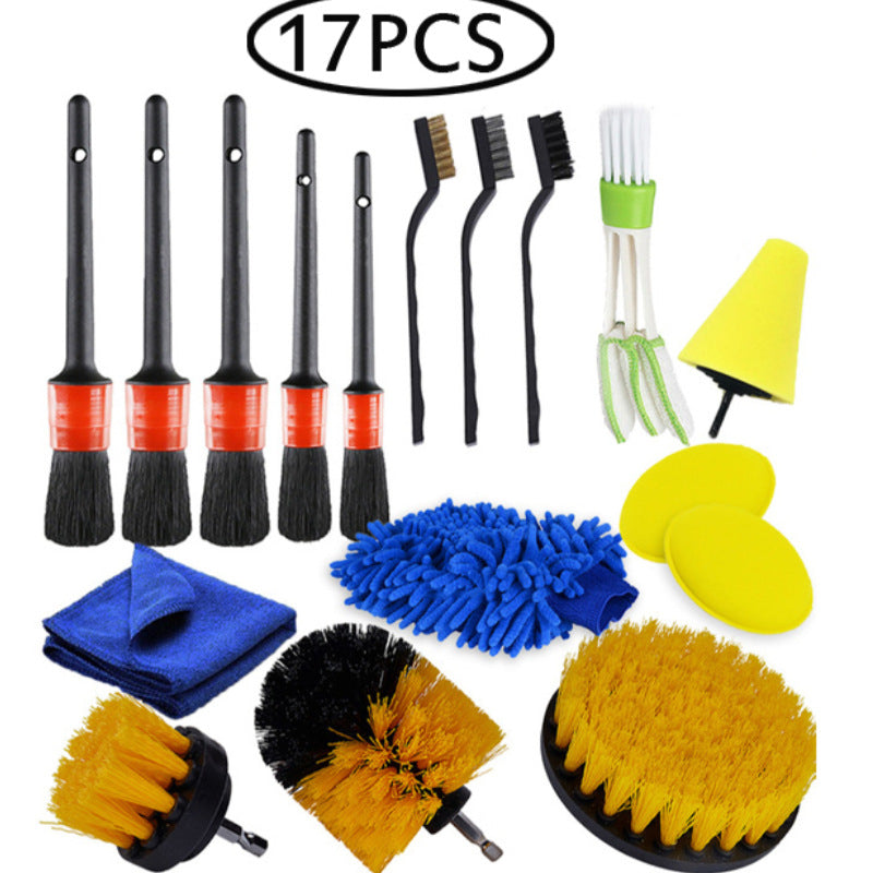 Cross-border hot sale car beauty car wash detail brush 17 piece set, electric drill brush, car wash glove air outlet brush set