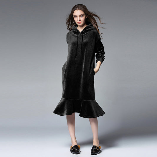 Europe and the United States 2018 large size women's autumn and winter fat mm long hooded sweater women's thick velvet bottoming skirt 6610