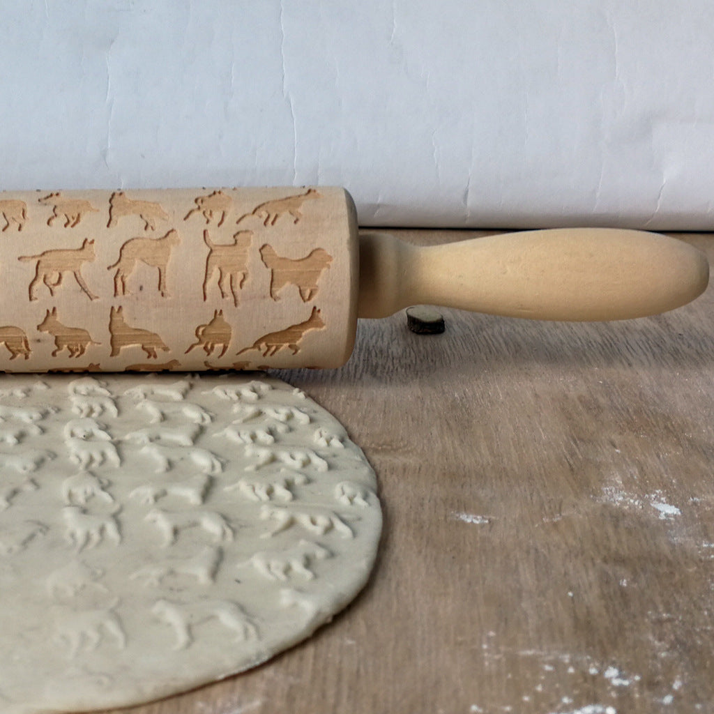 JM01029 wooden puppy printing rolling pin wooden carving embossed rolling pin cookie dough stick