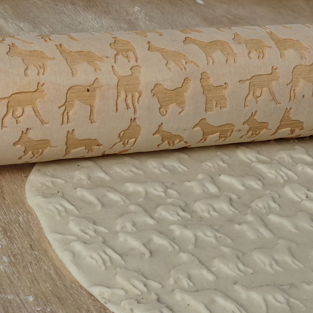 JM01029 wooden puppy printing rolling pin wooden carving embossed rolling pin cookie dough stick