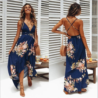 2021 Summer Amazon AliExpress European and American Women's Sexy Printed Sling Halter Slit Beach Dress