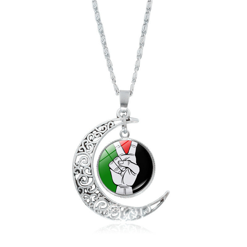 Cross-border Palestinian flag necklace jewelry for women, versatile silver hollow moon pendant, popular small product