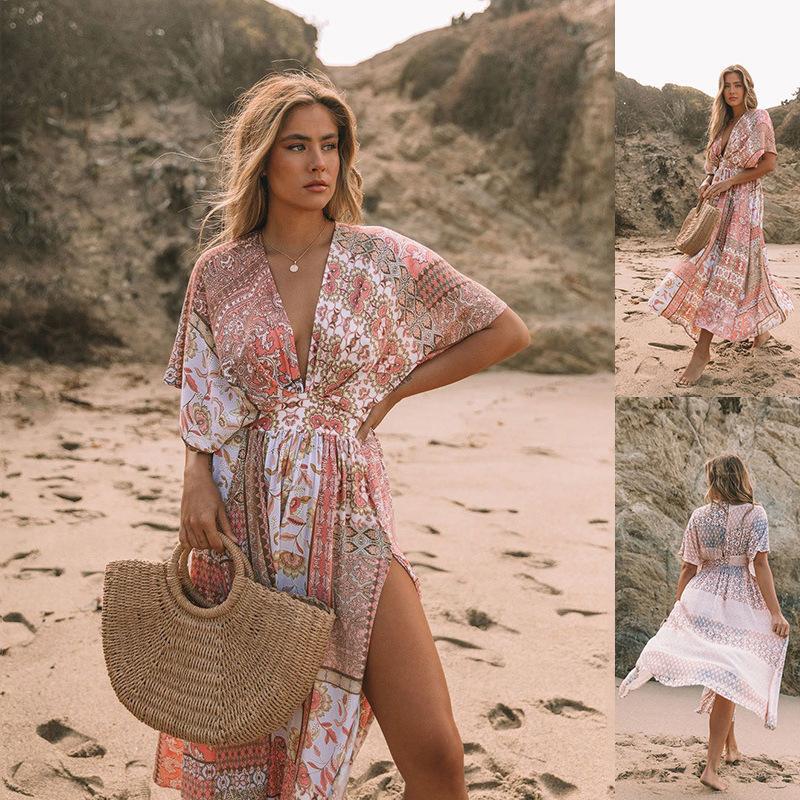 2022 European and American spring printed dress for women Bohemian irregular printed beach sun protection cover-up dress for women