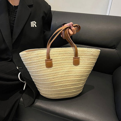 Fashion single shoulder straw bag 2024 new women's bag large capacity woven tote bag seaside holiday hand-held beach bag