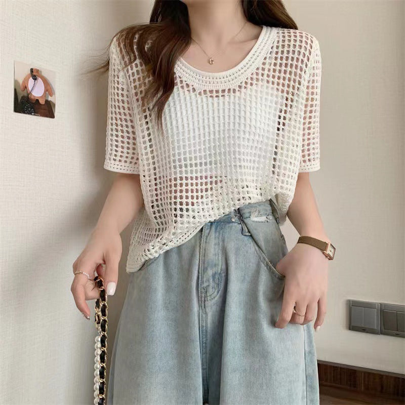 KANING round neck pullover hollow short-sleeved sweater summer thin loose sweet short top sexy blouse