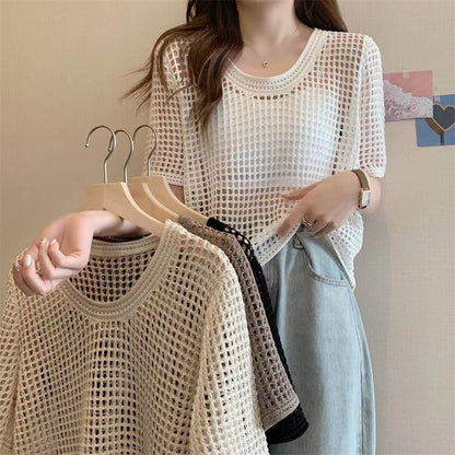 KANING round neck pullover hollow short-sleeved sweater summer thin loose sweet short top sexy blouse