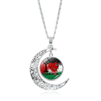 Cross-border Palestinian flag necklace jewelry for women, versatile silver hollow moon pendant, popular small product