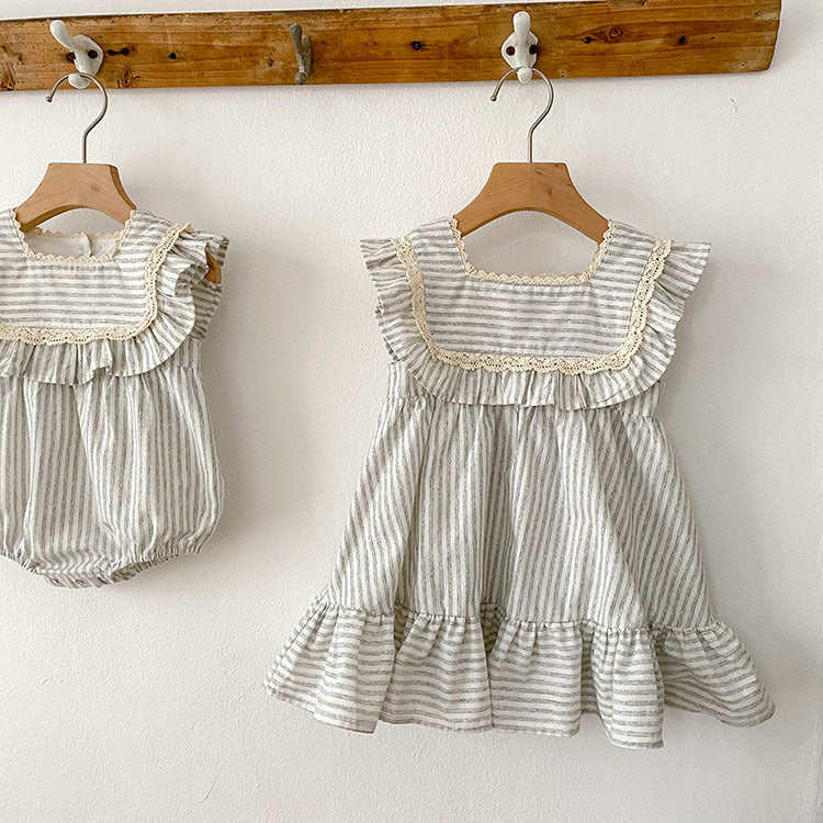 2023 new sister dress Korean version summer striped ruffles girls fashion princess dress baby crawling clothes