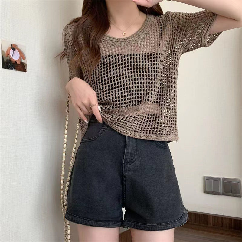 KANING round neck pullover hollow short-sleeved sweater summer thin loose sweet short top sexy blouse