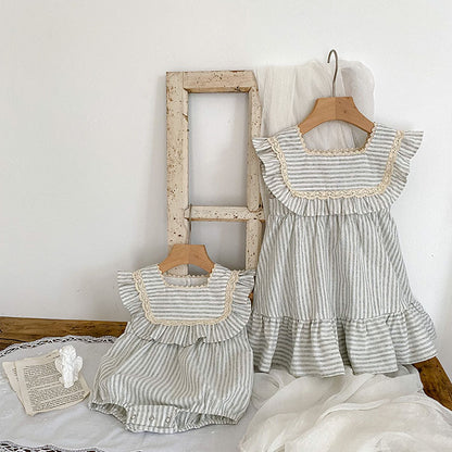 2023 new sister dress Korean version summer striped ruffles girls fashion princess dress baby crawling clothes