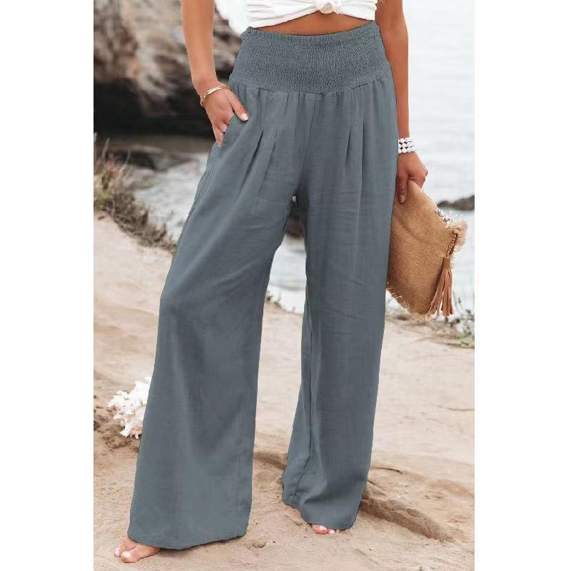 Cross-border independent station Amazon 2024 spring and summer women's clothing cotton and linen solid color elastic waist wide-leg pants casual pants trousers women