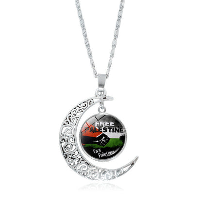 Cross-border Palestinian flag necklace jewelry for women, versatile silver hollow moon pendant, popular small product