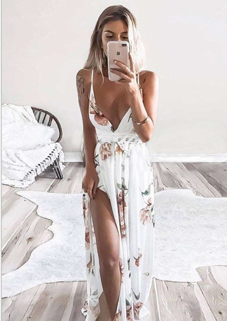 2021 Summer Amazon AliExpress European and American Women's Sexy Printed Sling Halter Slit Beach Dress