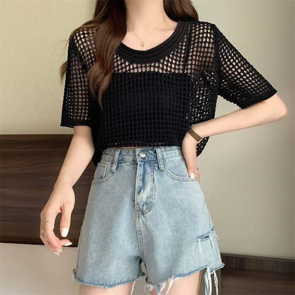 KANING round neck pullover hollow short-sleeved sweater summer thin loose sweet short top sexy blouse