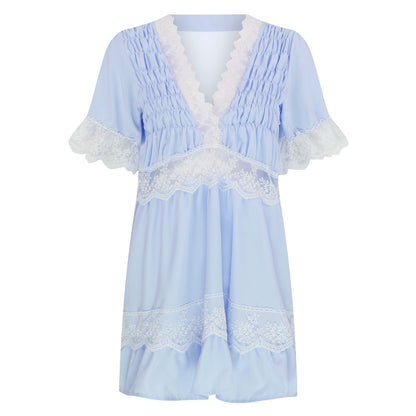 Amazon AliExpress wish independent station new summer V-neck printed lace stitching lace cool dress