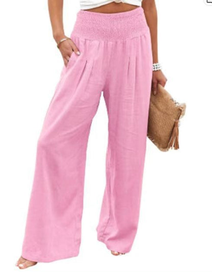 Cross-border independent station Amazon 2024 spring and summer women's clothing cotton and linen solid color elastic waist wide-leg pants casual pants trousers women