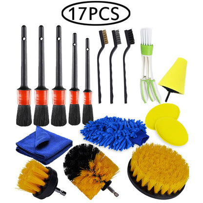 Cross-border hot sale car beauty car wash detail brush 17 piece set, electric drill brush, car wash glove air outlet brush set