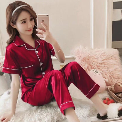 Thailand Japan Dubai cross-border e-commerce imitation silk pajamas plus size plus size silk satin short-sleeved trousers home wear for women