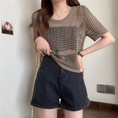 KANING round neck pullover hollow short-sleeved sweater summer thin loose sweet short top sexy blouse