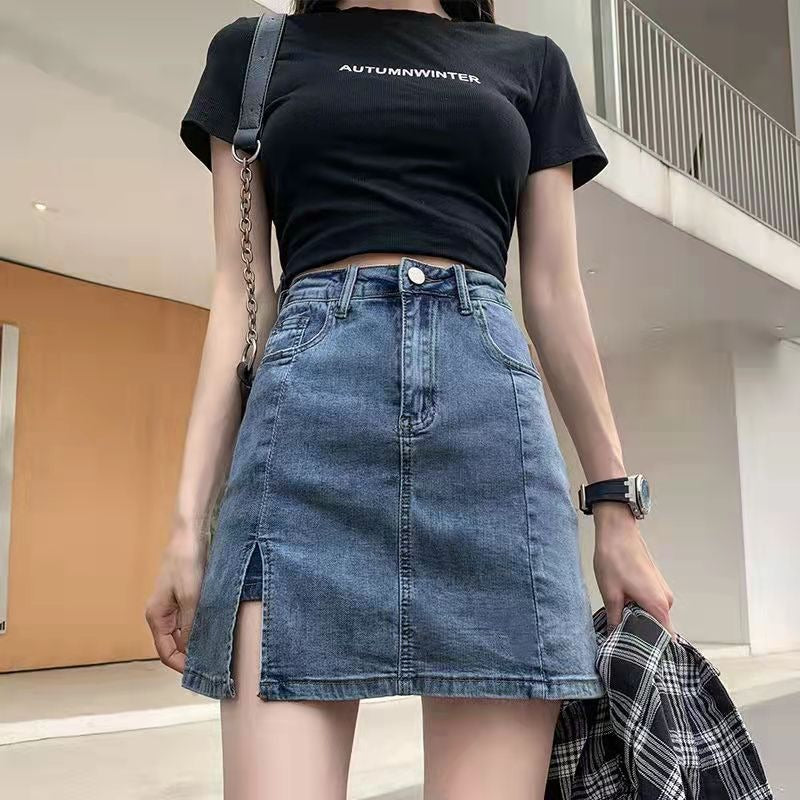 Large size denim skirt for women in summer high waist split hip skirt pants fat MM hot girl skirt slim A-line short skirt