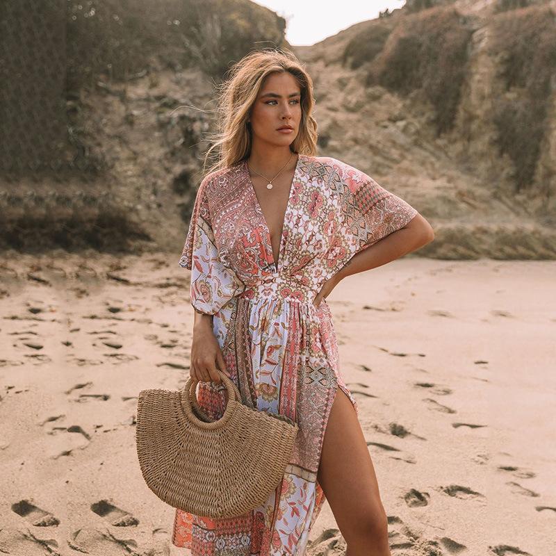 2022 European and American spring printed dress for women Bohemian irregular printed beach sun protection cover-up dress for women