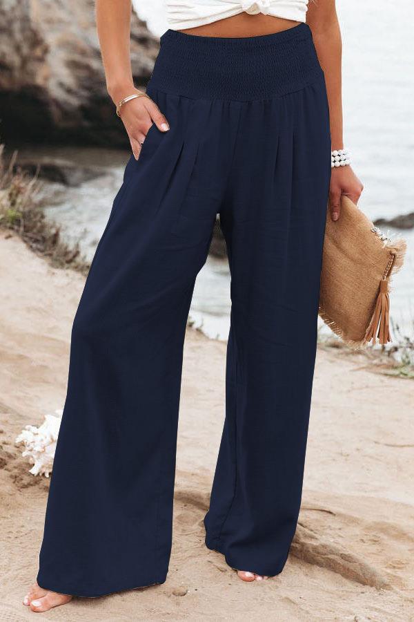 Cross-border independent station Amazon 2024 spring and summer women's clothing cotton and linen solid color elastic waist wide-leg pants casual pants trousers women