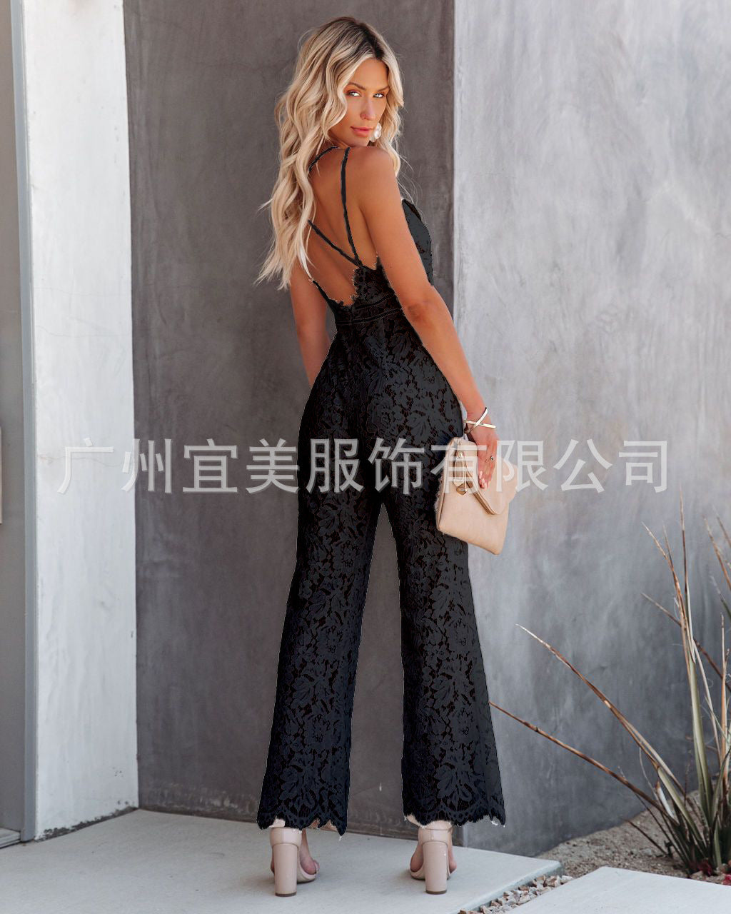 Ins new design 2021 summer sexy temperament women's lace jumpsuit mid-waist casual pants smooth lining