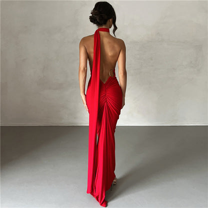 2024 spring and summer new European and American style cross-border women's clothing sexy backless halter neck hip-covering slim evening dress for women