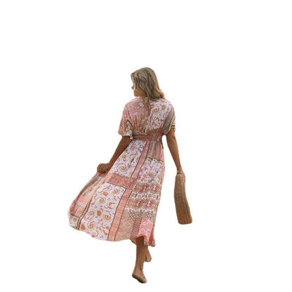 2022 European and American spring printed dress for women Bohemian irregular printed beach sun protection cover-up dress for women