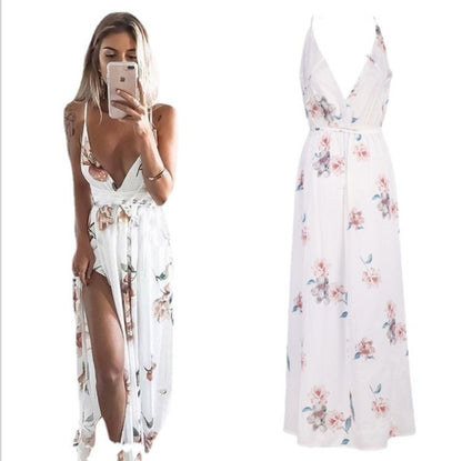 2021 Summer Amazon AliExpress European and American Women's Sexy Printed Sling Halter Slit Beach Dress