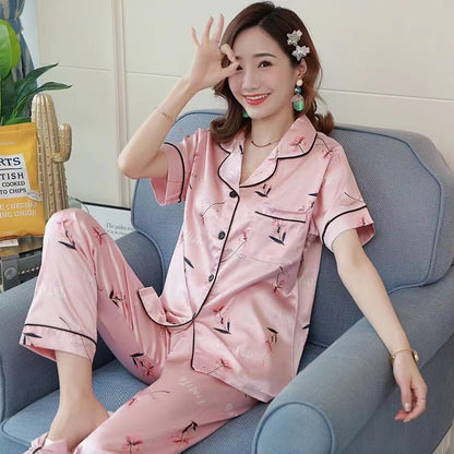 Thailand Japan Dubai cross-border e-commerce imitation silk pajamas plus size plus size silk satin short-sleeved trousers home wear for women